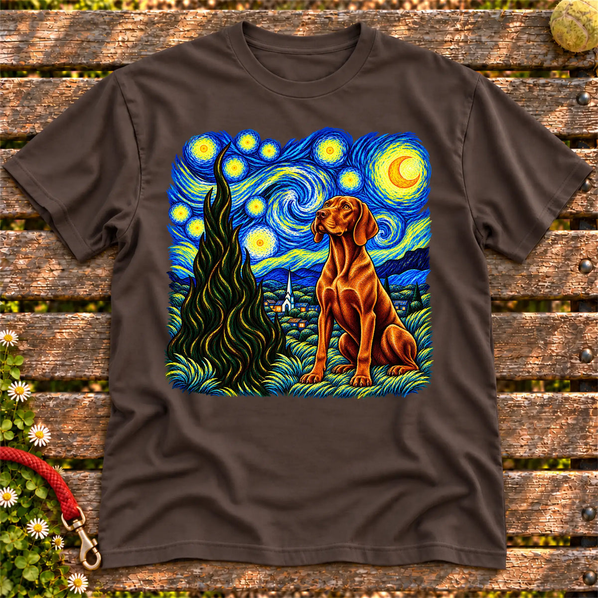 Colorful Vizsla beneath a swirling starry night sky on a Dark Chocolate T-shirt