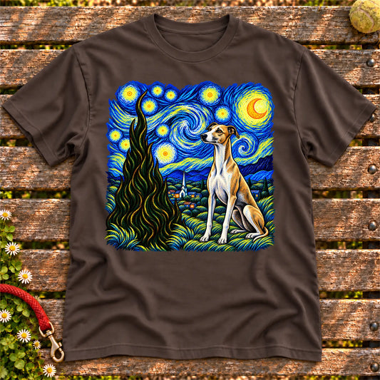 Colorful Whippet beneath a swirling starry night sky on a Dark Chocolate T-shirt
