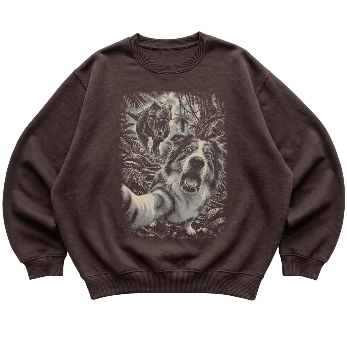 T-Rex Selfie Australian Shepherd Gildan Heavy Blend Crewneck Sweatshirt in Dark Chocolate, flat lay