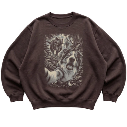 T-Rex Selfie Australian Shepherd Gildan Heavy Blend Crewneck Sweatshirt in Dark Chocolate, flat lay