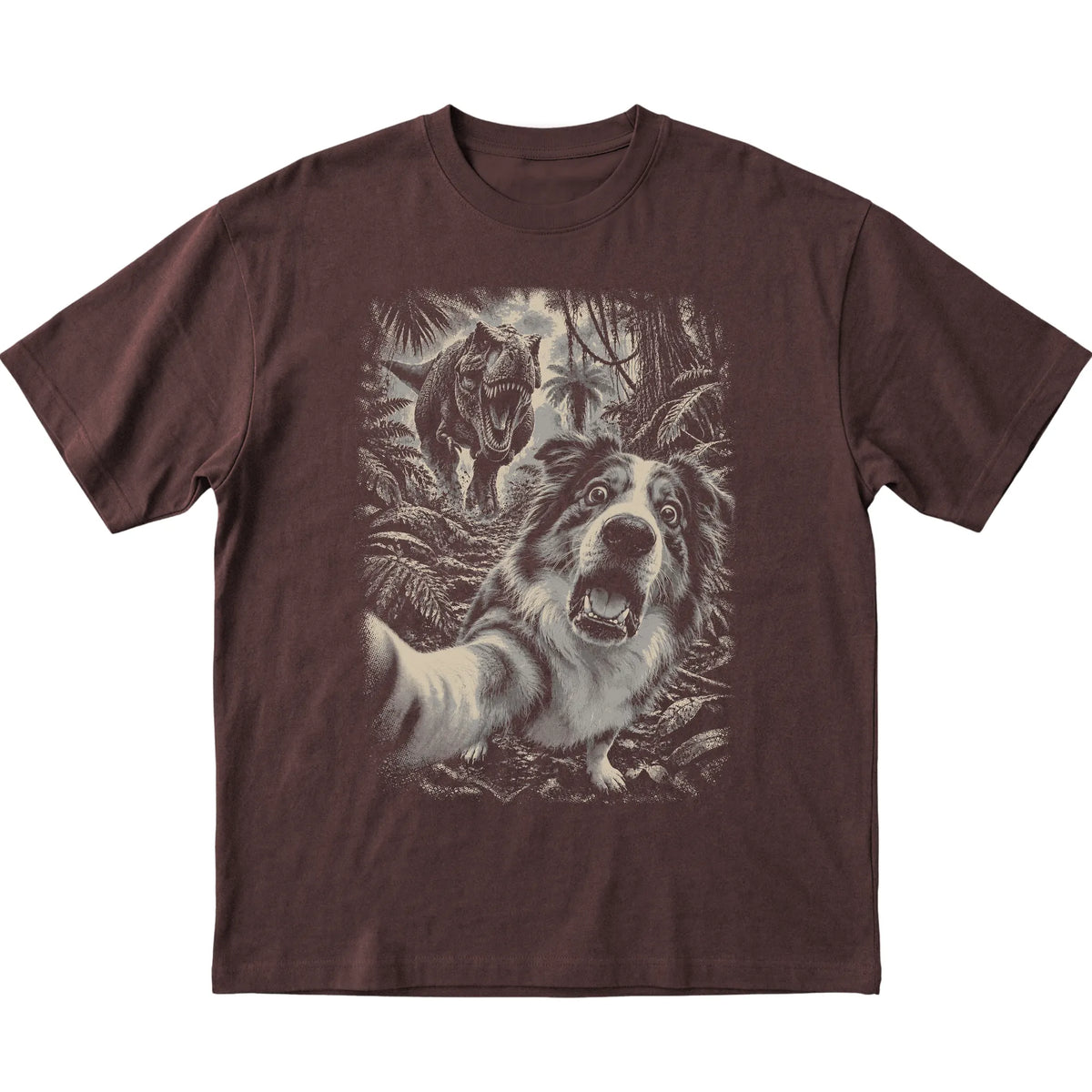 T-Rex Selfie Australian Shepherd Gildan Softstyle T-Shirt in Dark Chocolate, flat lay