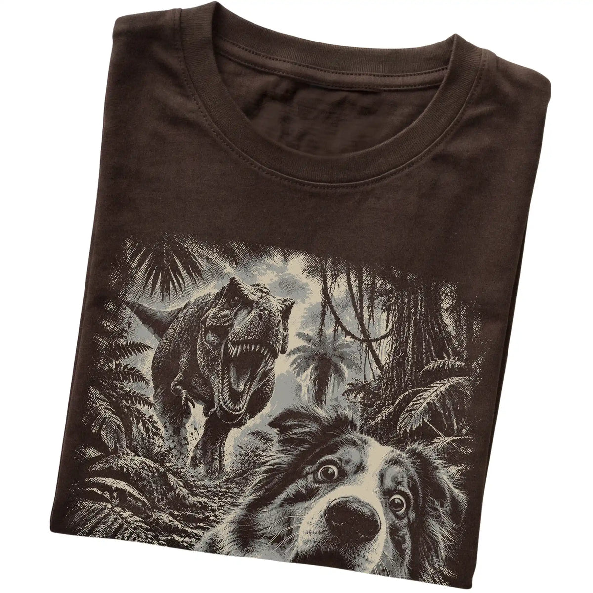 T-Rex Selfie Australian Shepherd Gildan Softstyle T-Shirt in Dark Chocolate, folded detail
