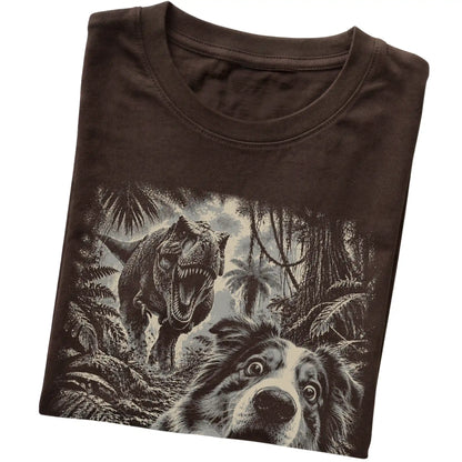 T-Rex Selfie Australian Shepherd Gildan Softstyle T-Shirt in Dark Chocolate, folded detail