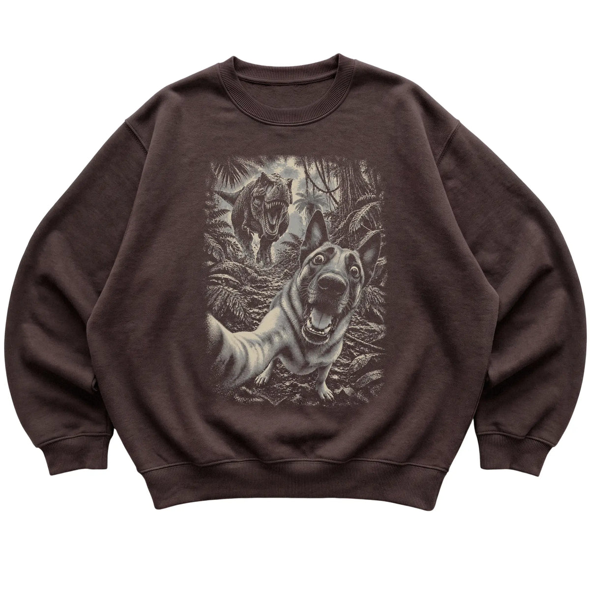 T-Rex Selfie Belgian Malinois Gildan Heavy Blend Crewneck Sweatshirt in Dark Chocolate, flat lay