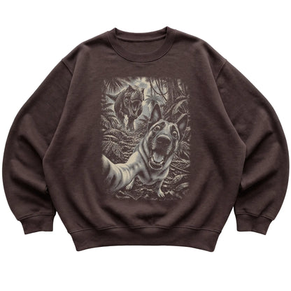 T-Rex Selfie Belgian Malinois Gildan Heavy Blend Crewneck Sweatshirt in Dark Chocolate, flat lay