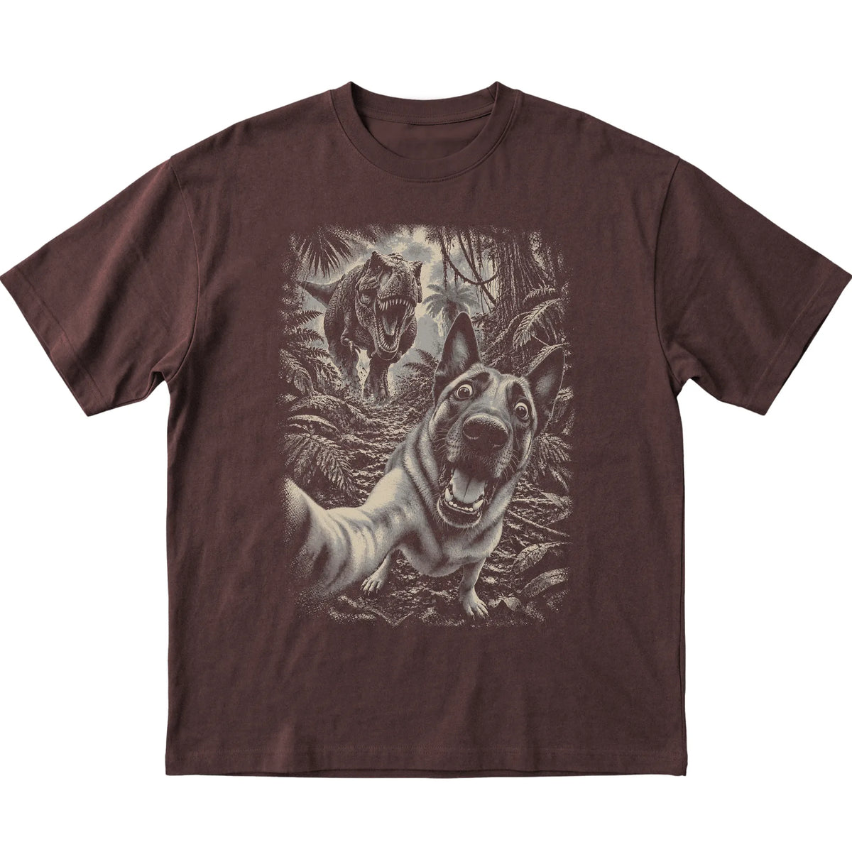 T-Rex Selfie Belgian Malinois Gildan Softstyle T-Shirt in Dark Chocolate, flat lay
