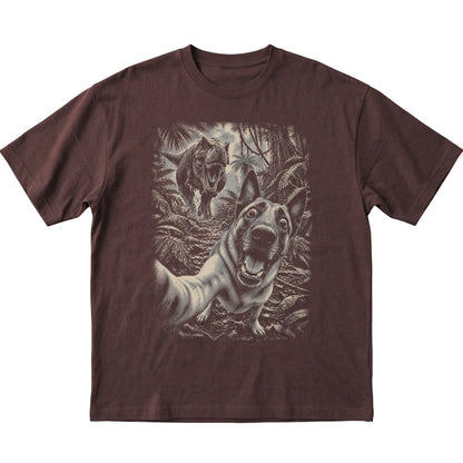 T-Rex Selfie Belgian Malinois Gildan Softstyle T-Shirt in Dark Chocolate, flat lay