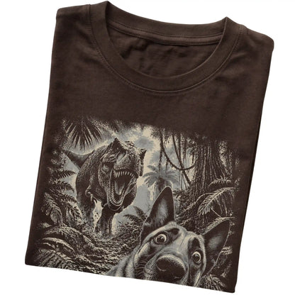 T-Rex Selfie Belgian Malinois Gildan Softstyle T-Shirt in Dark Chocolate, folded detail