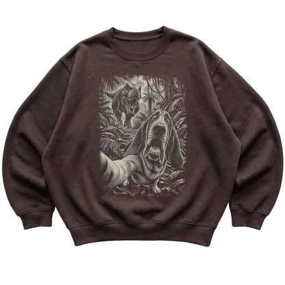 T-Rex Selfie Bloodhound Gildan Heavy Blend Crewneck Sweatshirt in Dark Chocolate, flat lay