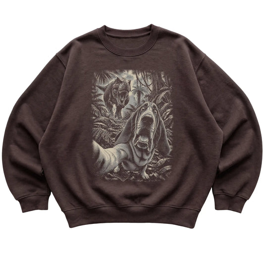 T-Rex Selfie Bloodhound Gildan Heavy Blend Crewneck Sweatshirt in Dark Chocolate, flat lay