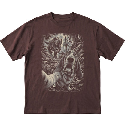T-Rex Selfie Bloodhound Gildan Softstyle T-Shirt in Dark Chocolate, flat lay
