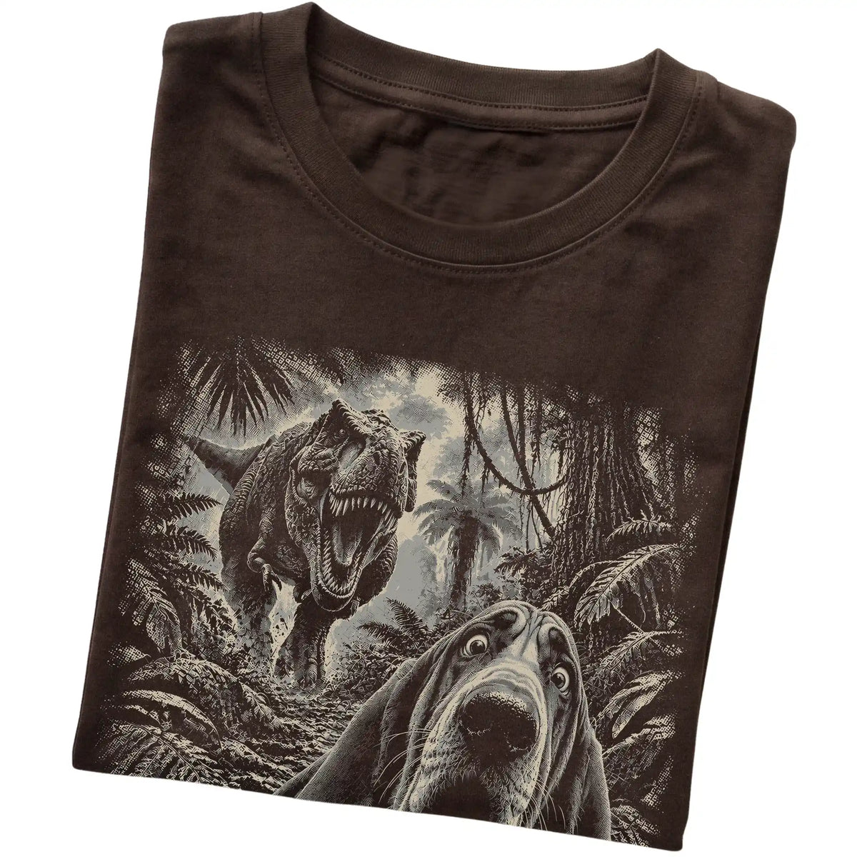 T-Rex Selfie Bloodhound Gildan Softstyle T-Shirt in Dark Chocolate, folded detail