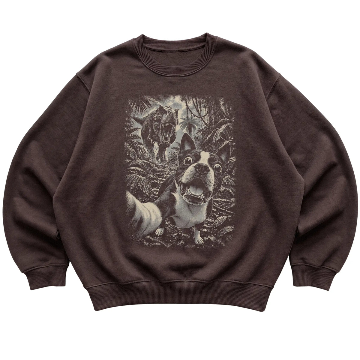 T-Rex Selfie Boston Terrier Gildan Heavy Blend Crewneck Sweatshirt in Dark Chocolate, flat lay