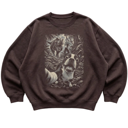 T-Rex Selfie Boston Terrier Gildan Heavy Blend Crewneck Sweatshirt in Dark Chocolate, flat lay