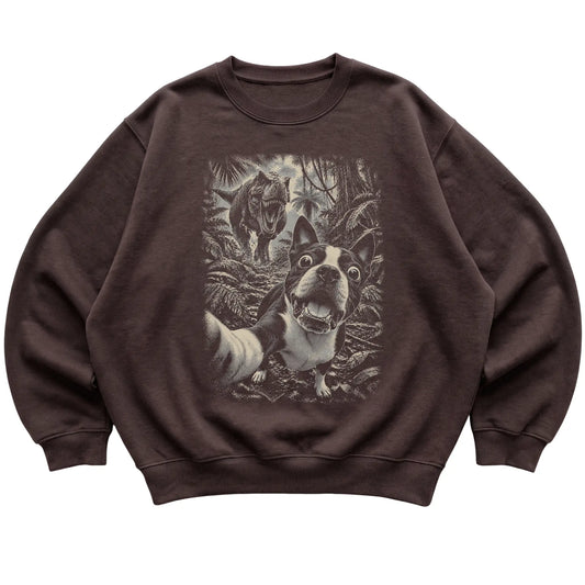 T-Rex Selfie Boston Terrier Gildan Heavy Blend Crewneck Sweatshirt in Dark Chocolate, flat lay