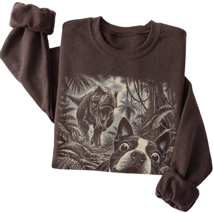T-Rex Selfie Boston Terrier Gildan Heavy Blend Crewneck Sweatshirt in Dark Chocolate, folded detail
