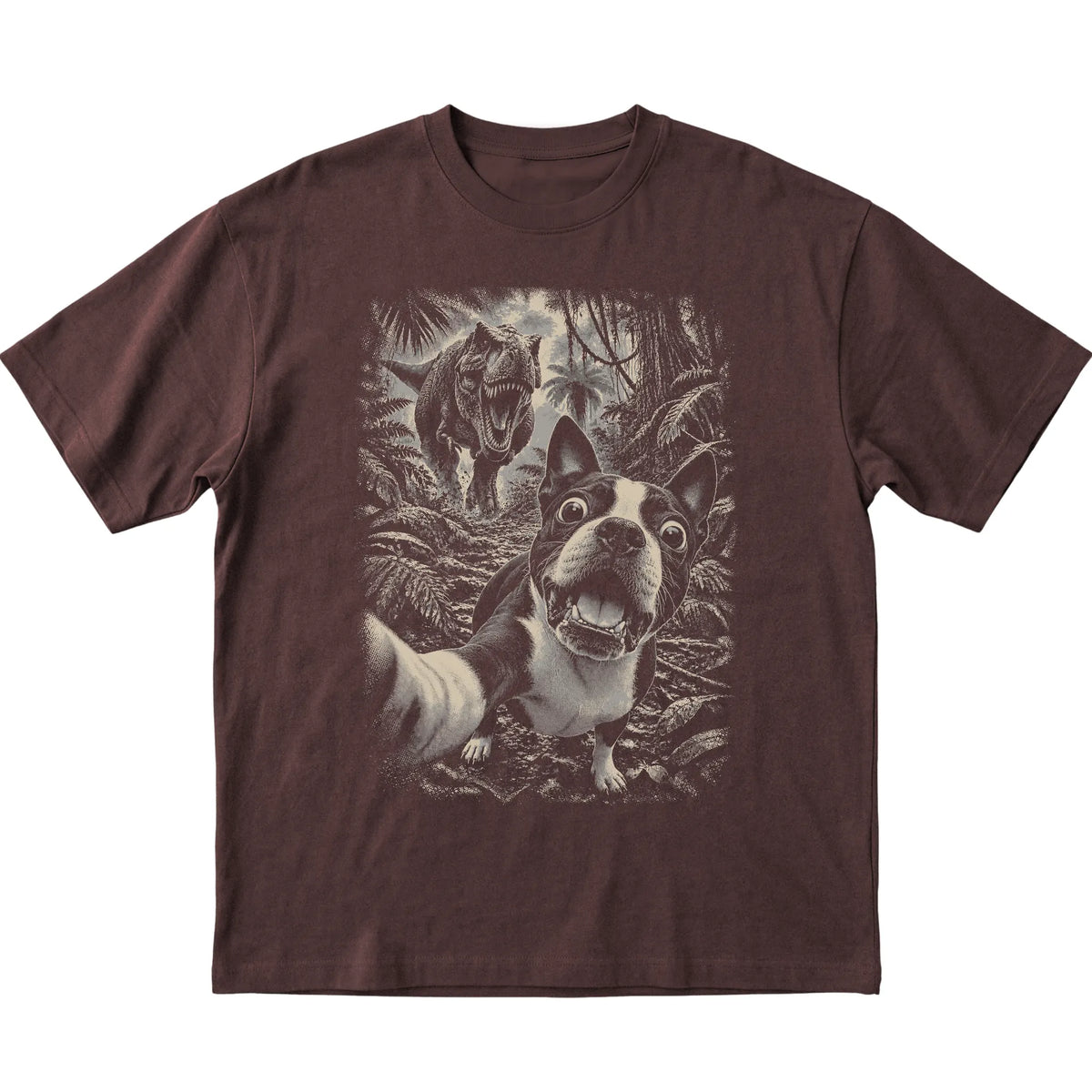 T-Rex Selfie Boston Terrier Gildan Softstyle T-Shirt in Dark Chocolate, flat lay