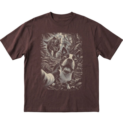 T-Rex Selfie Boston Terrier Gildan Softstyle T-Shirt in Dark Chocolate, flat lay