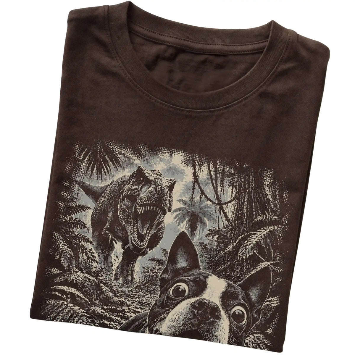 T-Rex Selfie Boston Terrier Gildan Softstyle T-Shirt in Dark Chocolate, folded detail