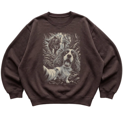 T-Rex Selfie Cavalier King Charles Spaniel Gildan Heavy Blend Crewneck Sweatshirt in Dark Chocolate, flat lay