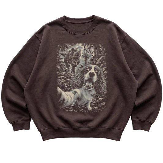 T-Rex Selfie Cavalier King Charles Spaniel Gildan Heavy Blend Crewneck Sweatshirt in Dark Chocolate, flat lay