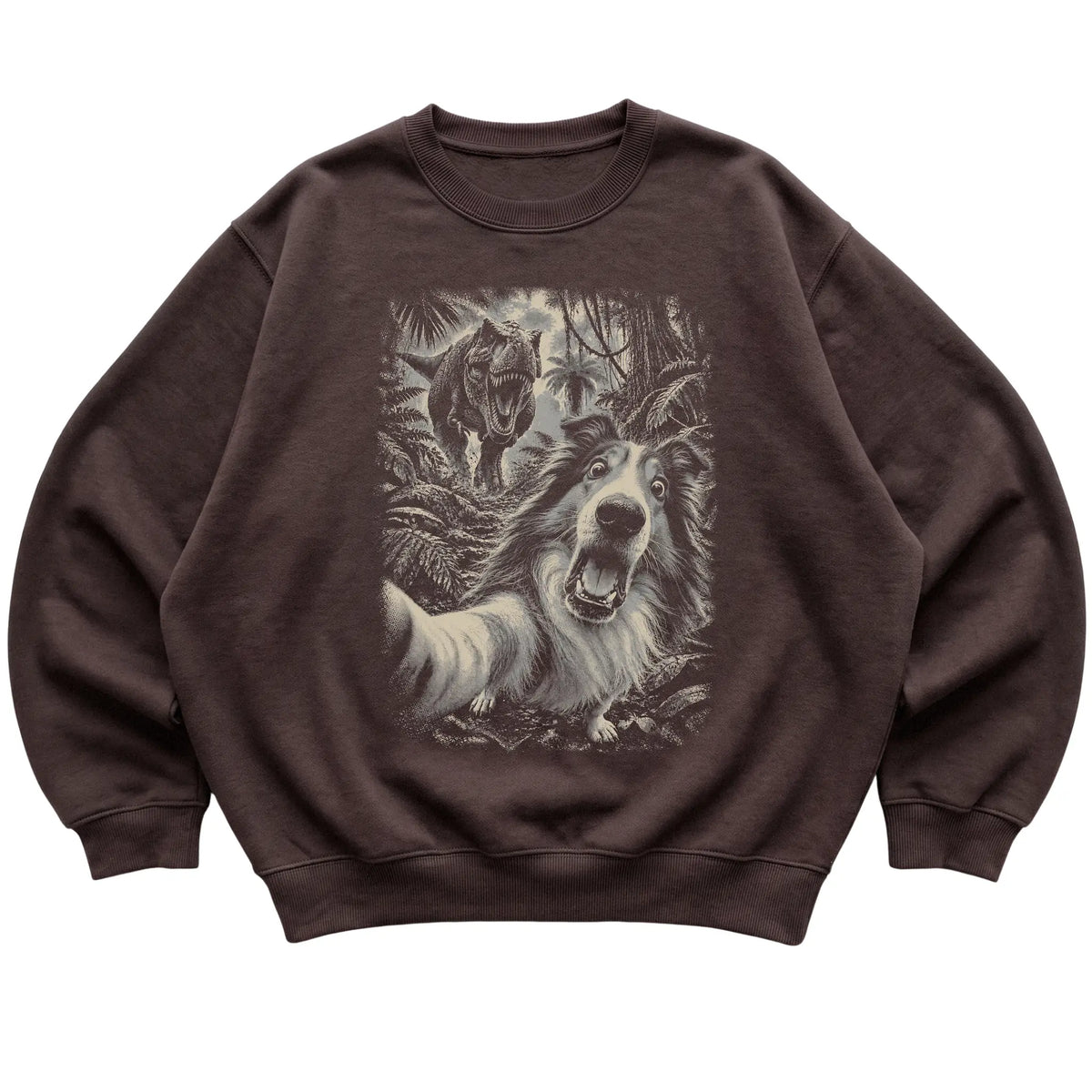 T-Rex Selfie Collie Gildan Heavy Blend Crewneck Sweatshirt in Dark Chocolate, flat lay