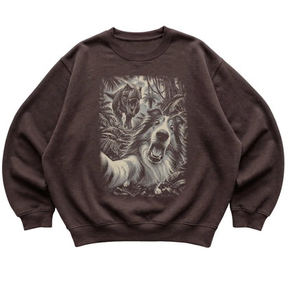T-Rex Selfie Collie Gildan Heavy Blend Crewneck Sweatshirt in Dark Chocolate, flat lay