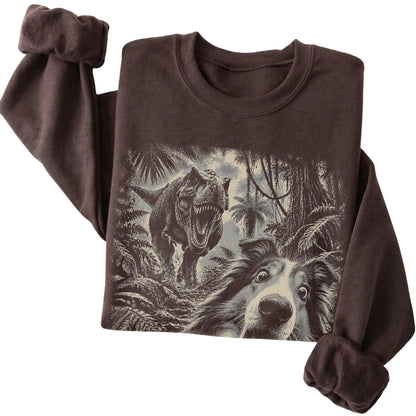 T-Rex Selfie Collie Gildan Heavy Blend Crewneck Sweatshirt in Dark Chocolate, folded detail