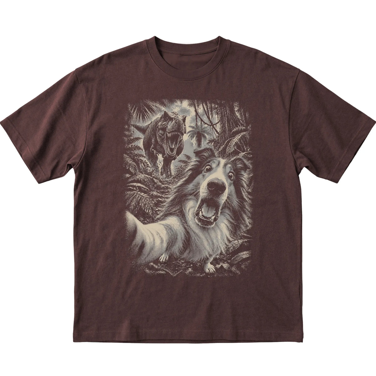 T-Rex Selfie Collie Gildan Softstyle T-Shirt in Dark Chocolate, flat lay
