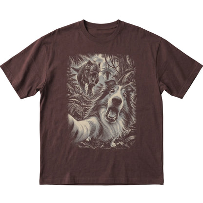 T-Rex Selfie Collie Gildan Softstyle T-Shirt in Dark Chocolate, flat lay