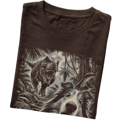 T-Rex Selfie Collie Gildan Softstyle T-Shirt in Dark Chocolate, folded detail