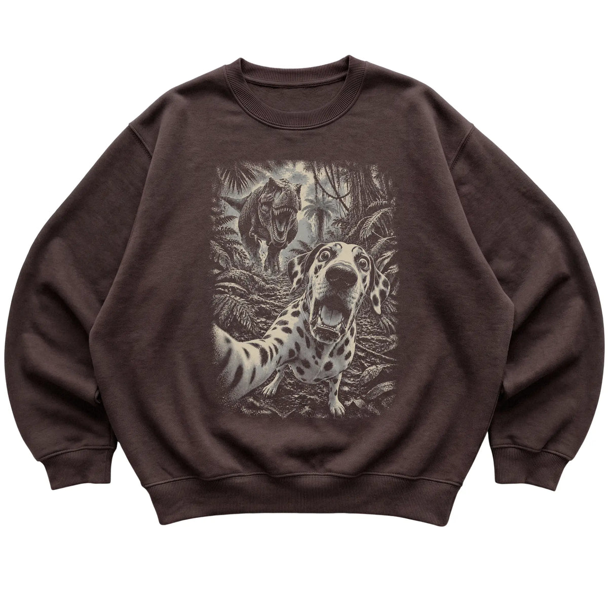 T-Rex Selfie Dalmatian Gildan Heavy Blend Crewneck Sweatshirt in Dark Chocolate, flat lay