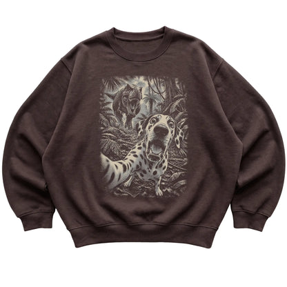 T-Rex Selfie Dalmatian Gildan Heavy Blend Crewneck Sweatshirt in Dark Chocolate, flat lay