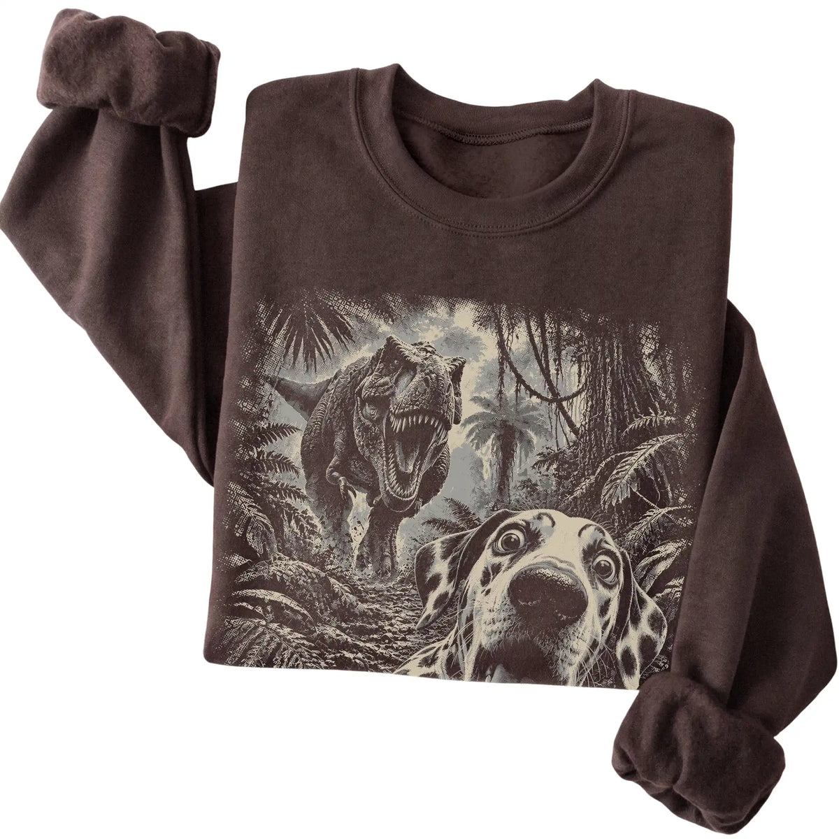 T-Rex Selfie Dalmatian Gildan Heavy Blend Crewneck Sweatshirt in Dark Chocolate, folded detail