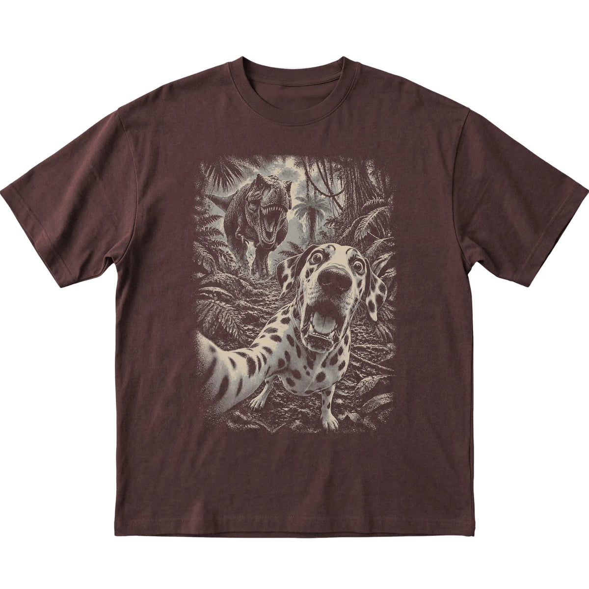 T-Rex Selfie Dalmatian Gildan Softstyle T-Shirt in Dark Chocolate, flat lay