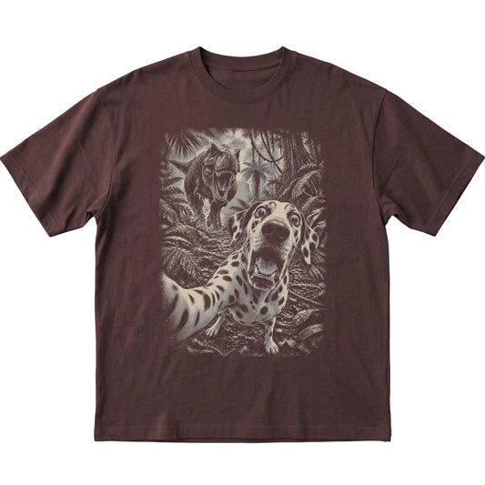 T-Rex Selfie Dalmatian Gildan Softstyle T-Shirt in Dark Chocolate, flat lay