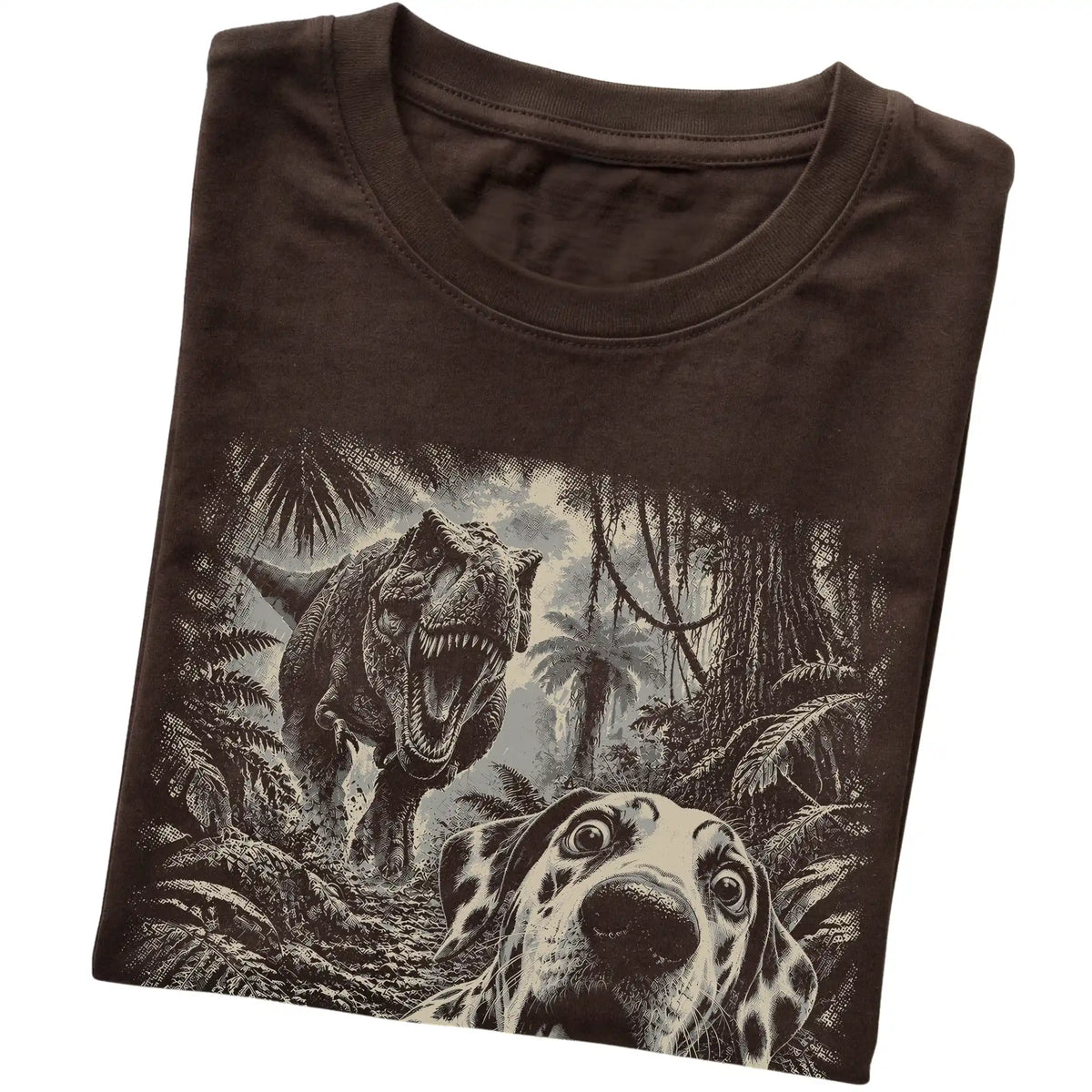 T-Rex Selfie Dalmatian Gildan Softstyle T-Shirt in Dark Chocolate, folded detail