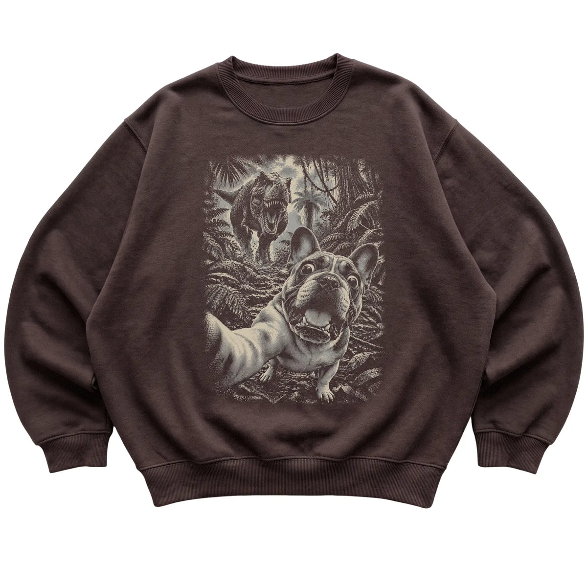 T-Rex Selfie French Bulldog Gildan Heavy Blend Crewneck Sweatshirt in Dark Chocolate, flat lay
