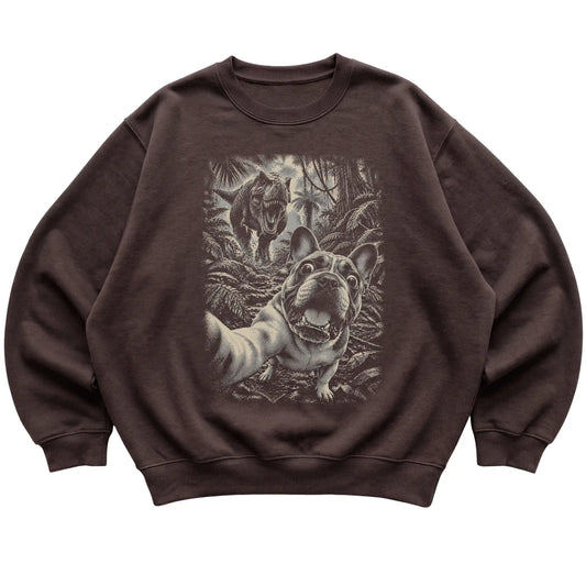 T-Rex Selfie French Bulldog Gildan Heavy Blend Crewneck Sweatshirt in Dark Chocolate, flat lay