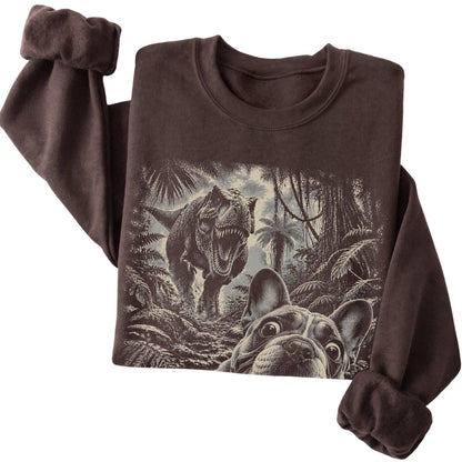 T-Rex Selfie French Bulldog Gildan Heavy Blend Crewneck Sweatshirt in Dark Chocolate, folded detail