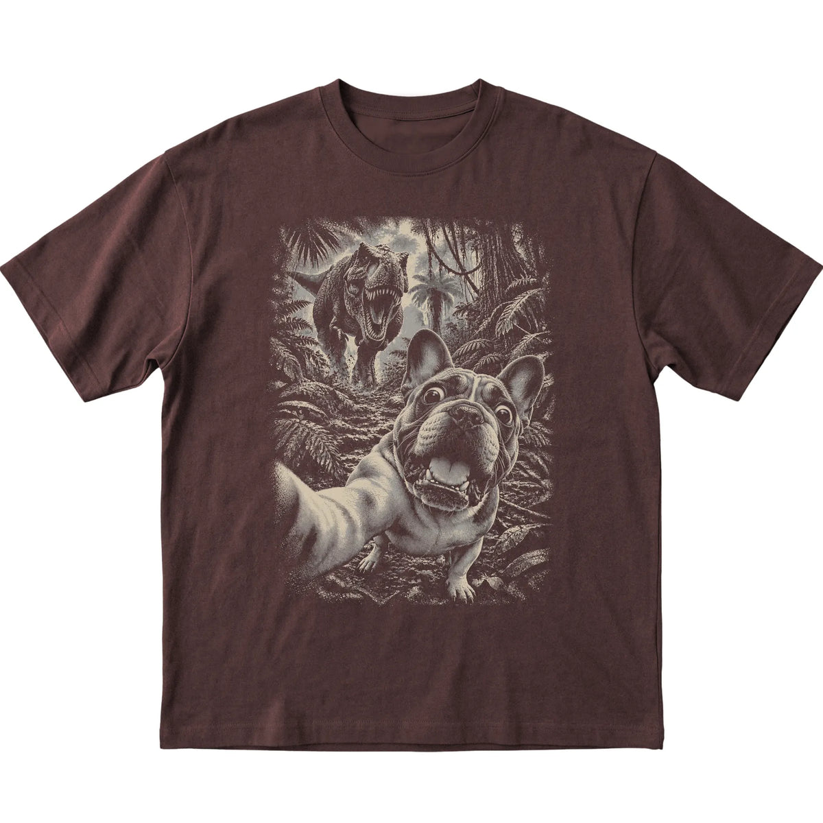 T-Rex Selfie French Bulldog Gildan Softstyle T-Shirt in Dark Chocolate, flat lay