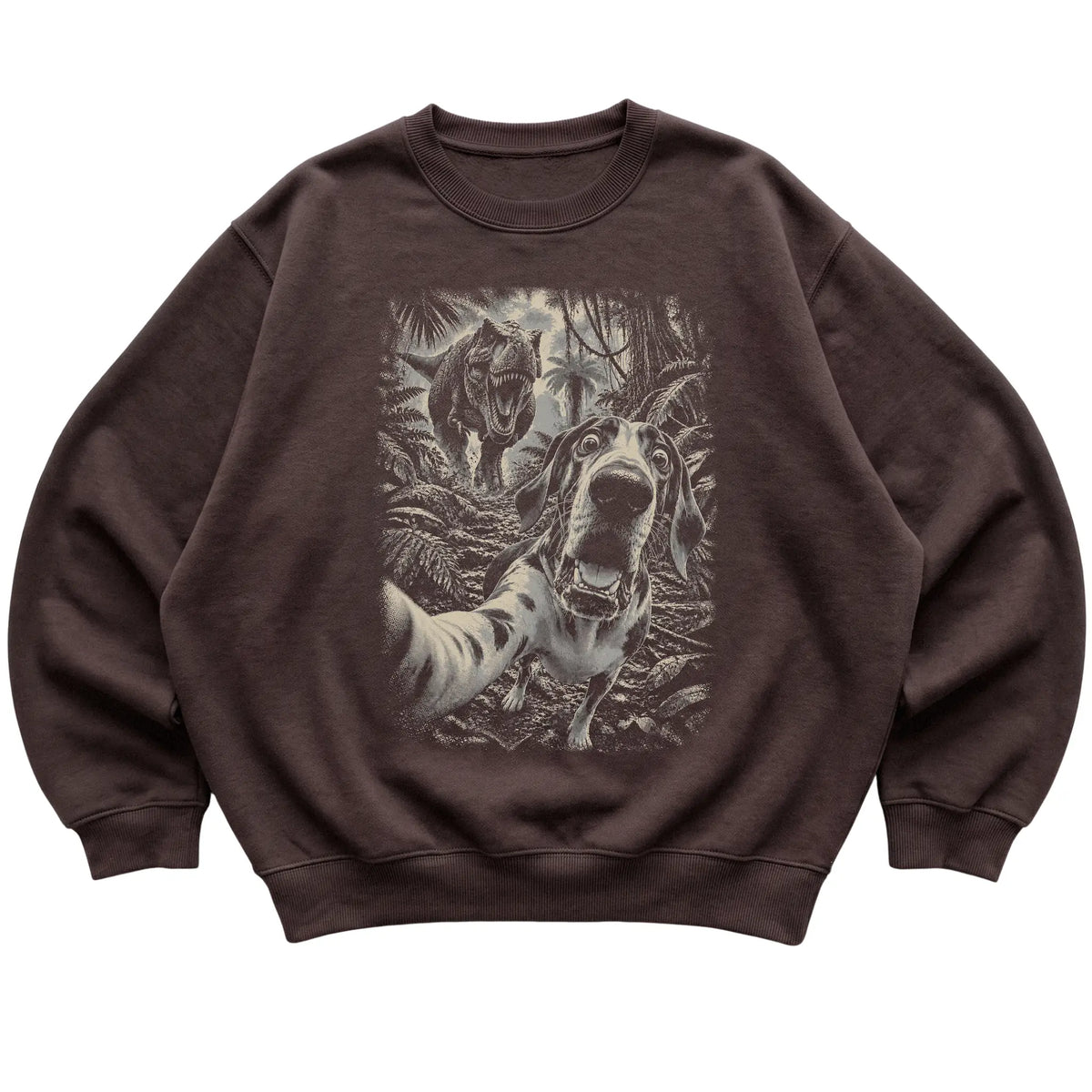 T-Rex Selfie Great Dane Gildan Heavy Blend Crewneck Sweatshirt in Dark Chocolate, flat lay