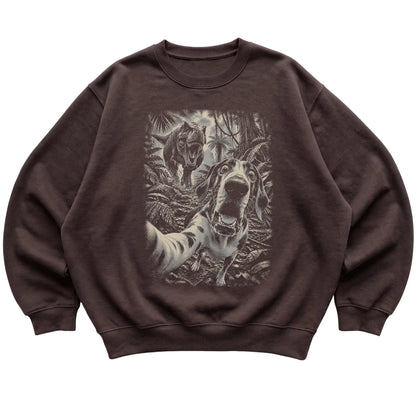 T-Rex Selfie Great Dane Gildan Heavy Blend Crewneck Sweatshirt in Dark Chocolate, flat lay