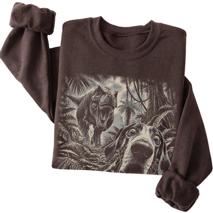 T-Rex Selfie Great Dane Gildan Heavy Blend Crewneck Sweatshirt in Dark Chocolate, folded detail