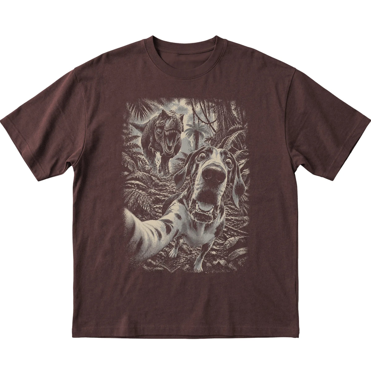 T-Rex Selfie Great Dane Gildan Softstyle T-Shirt in Dark Chocolate, flat lay
