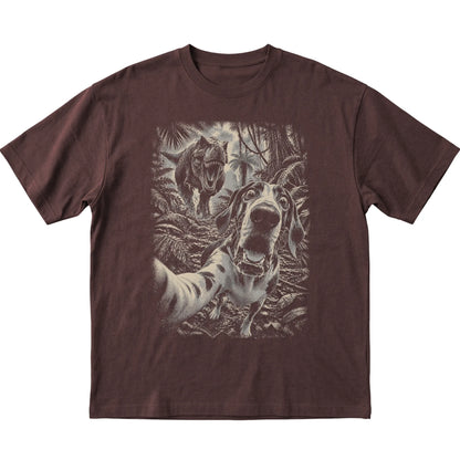 T-Rex Selfie Great Dane Gildan Softstyle T-Shirt in Dark Chocolate, flat lay
