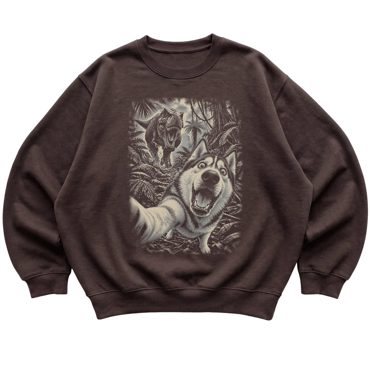 T-Rex Selfie Husky Gildan Heavy Blend Crewneck Sweatshirt in Dark Chocolate, flat lay