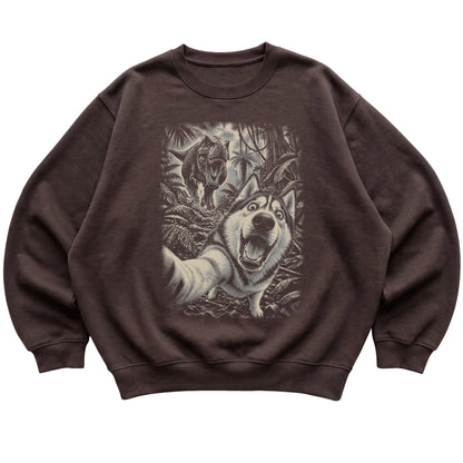 T-Rex Selfie Husky Gildan Heavy Blend Crewneck Sweatshirt in Dark Chocolate, flat lay