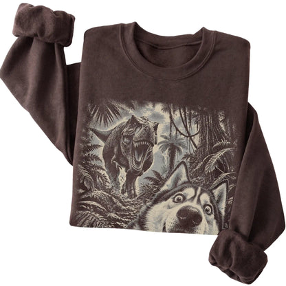 T-Rex Selfie Husky Gildan Heavy Blend Crewneck Sweatshirt in Dark Chocolate, folded detail