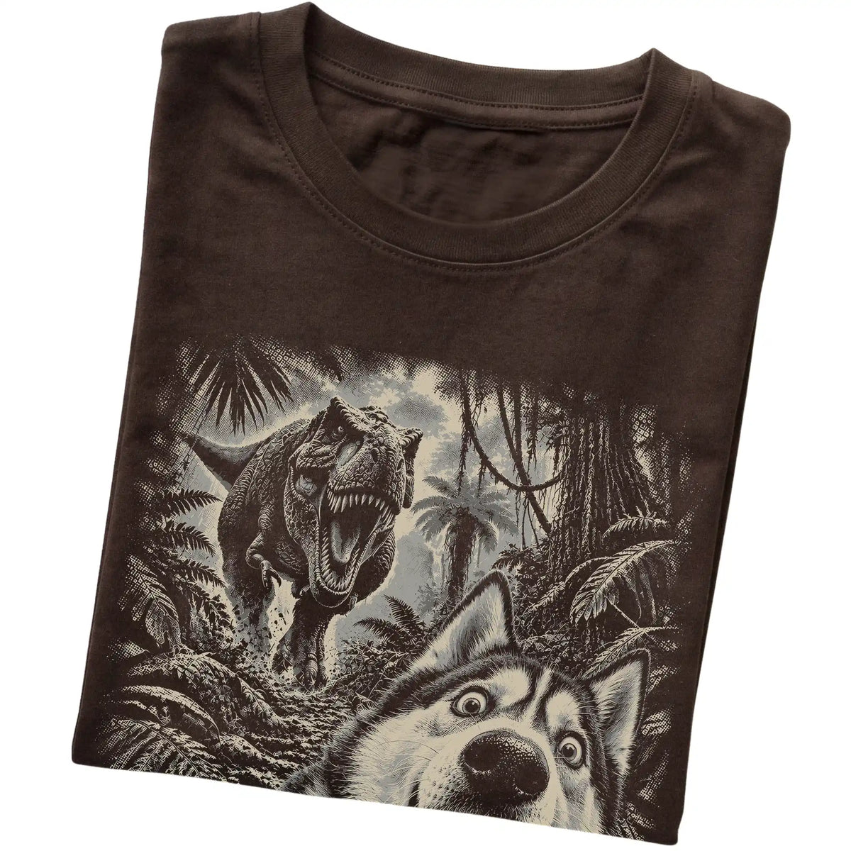 T-Rex Selfie Husky Gildan Softstyle T-Shirt in Dark Chocolate, folded detail